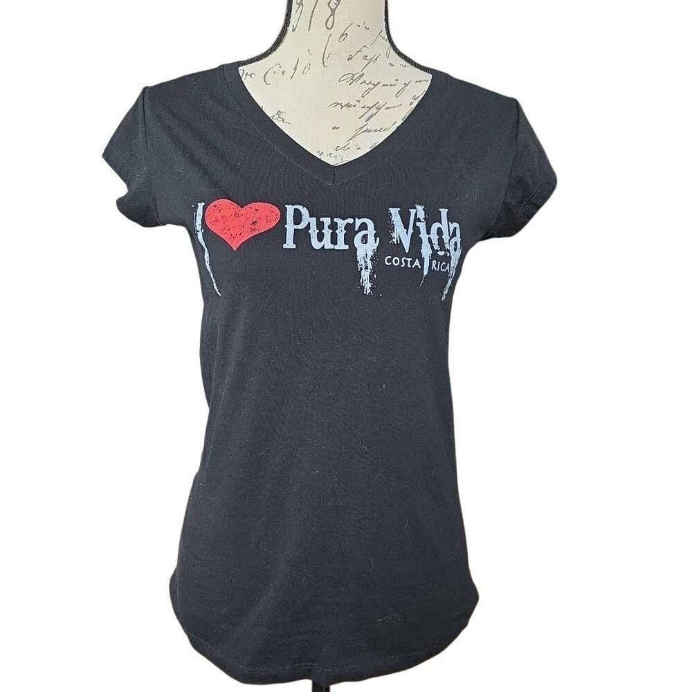 Mahi Lua Women's Size Small Black White I Love Pura Vida Costa Rica T-Shirt